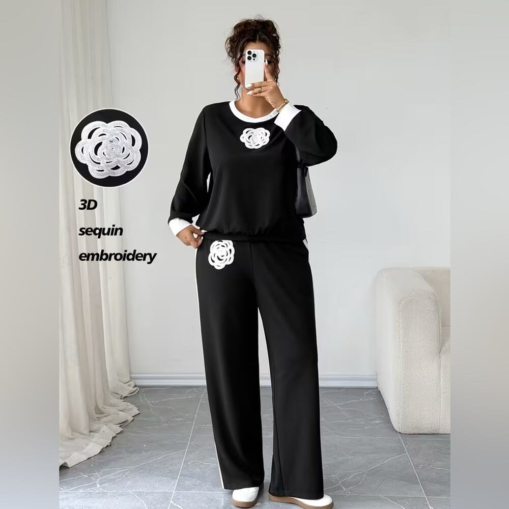 Black & White 3D Sequin Camellia Flower Pantsuit - Picture 2 of 15
